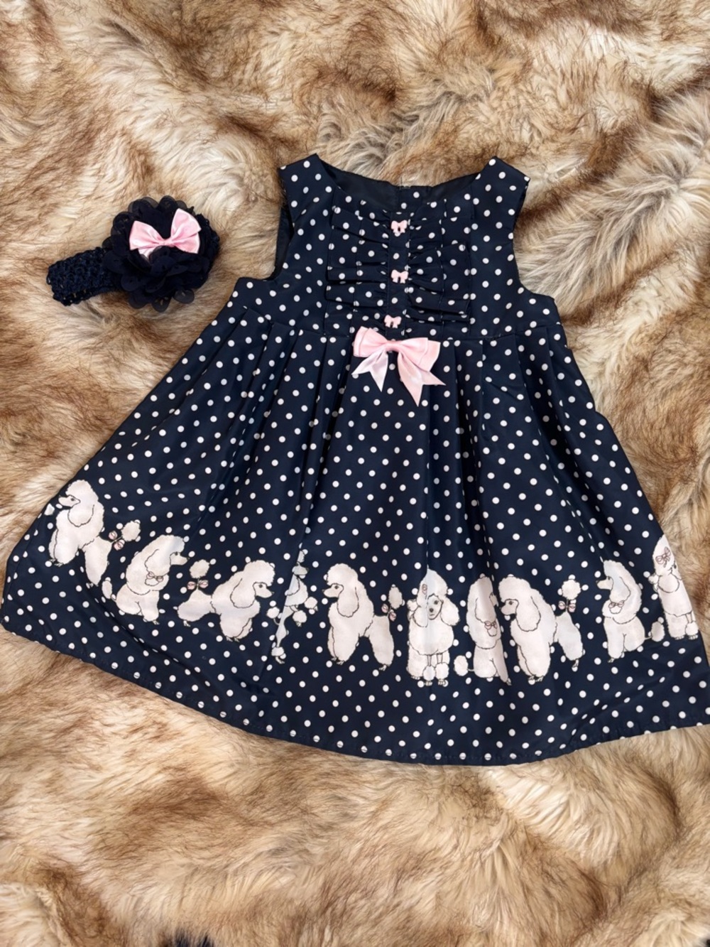 H&M Navy Polka Dot Dress with Pink Bows and Poodle Border